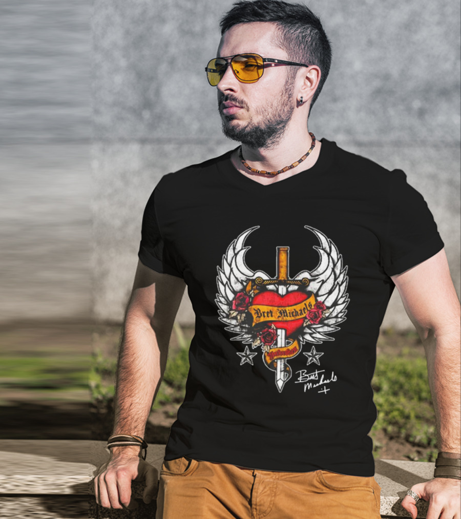 Bret Michaels Heart And Sword Winged Emblem With Roses And Stars T-Shirt