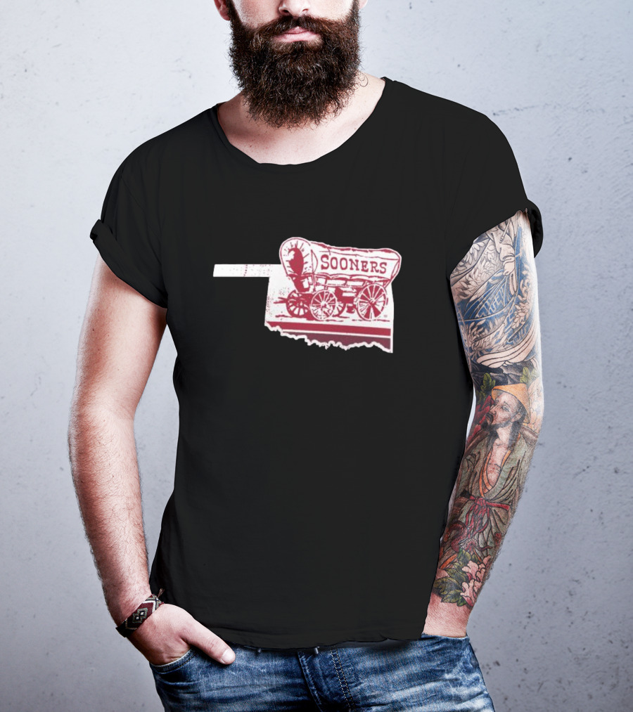 Crimson Oklahoma Sooners Sooner Schooner Wagon Outline Fan T-Shirt