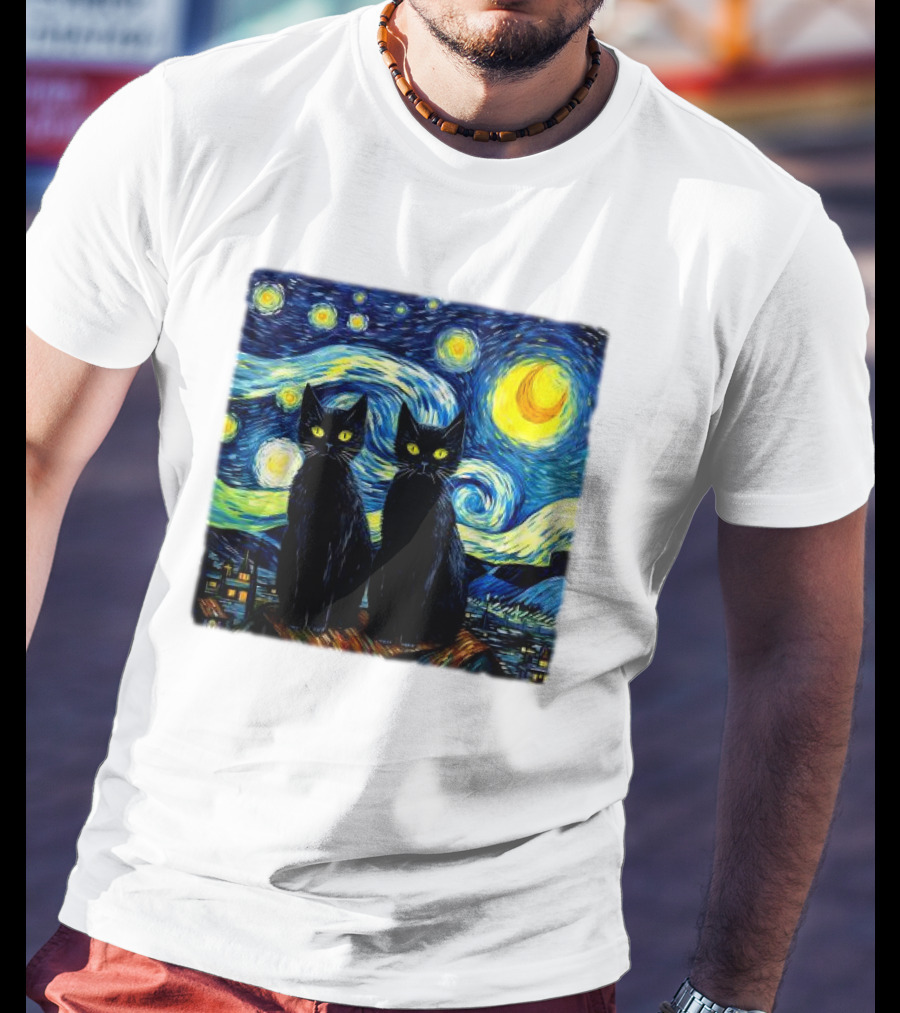 Black Cats Starry Night Vincent Van Gogh Painting Fusion T-Shirt