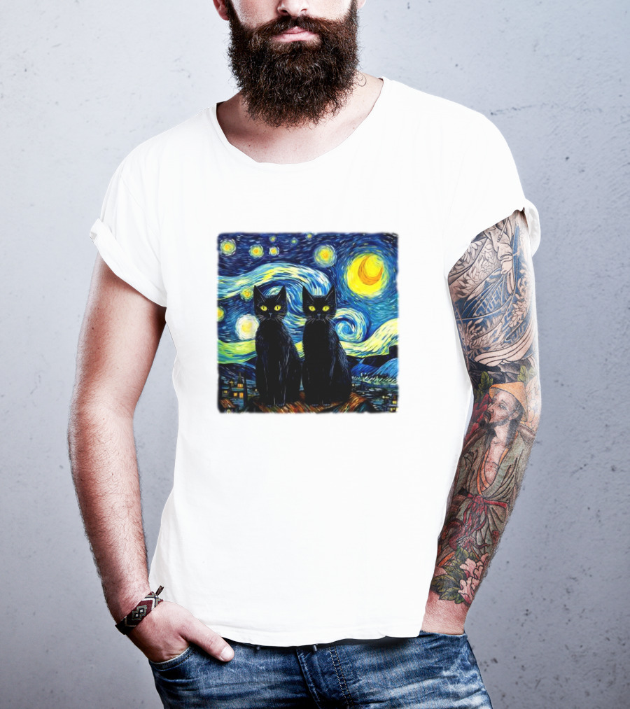 Black Cats Starry Night Vincent Van Gogh Painting Fusion T-Shirt