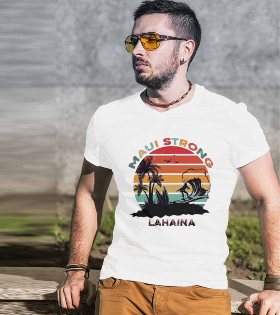 Maui Strong Lahaina Surfing Retro Palm Trees T-Shirt