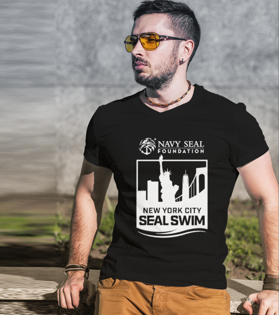Navy Seal Foundation New York City Seal Swim Statue Liberty Skyline T-Shirt