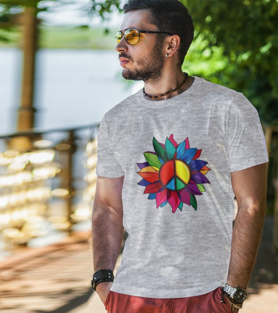 Hippie Rainbow Peace Sign Colorful Flower T-Shirt