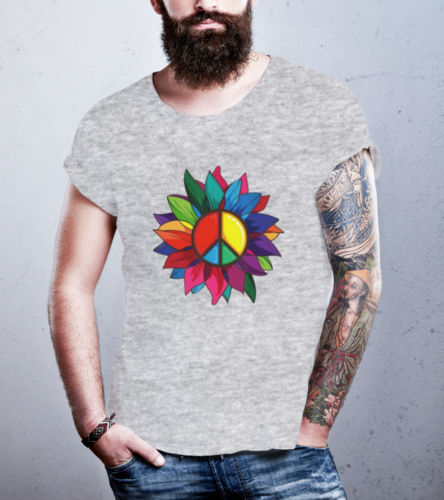 Hippie Rainbow Peace Sign Colorful Flower T-Shirt