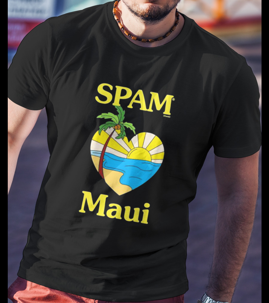 SPAM Brand Maui Heart Beach Sunset And Palm Tree T-Shirt