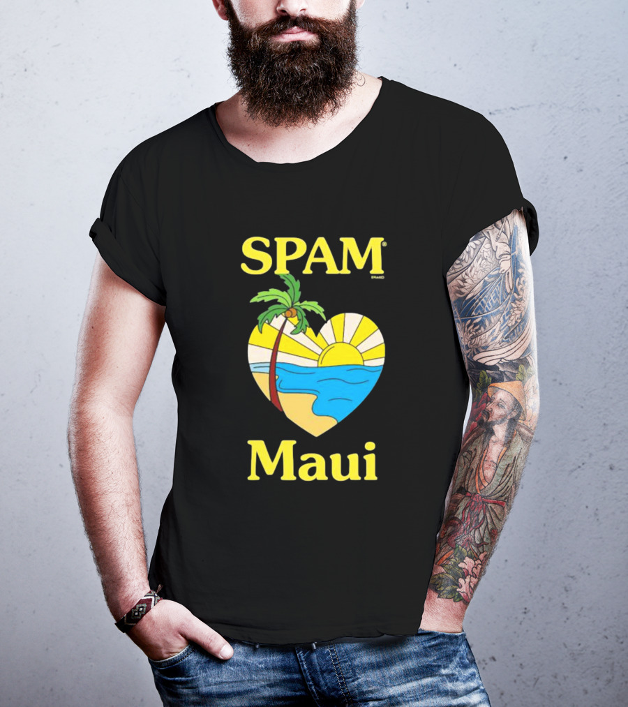 SPAM Brand Maui Heart Beach Sunset And Palm Tree T-Shirt