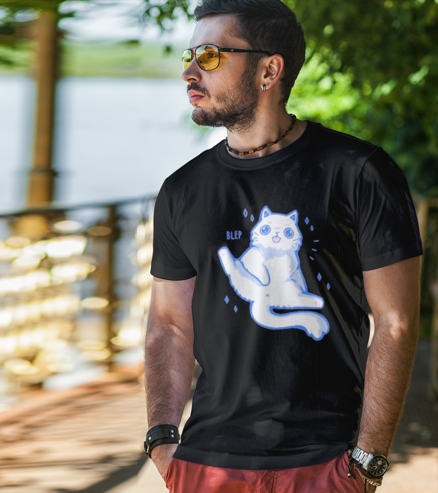 Xmorfina Blep Cute Cat With Tongue Out In Blue And White Cartoon T-Shirt