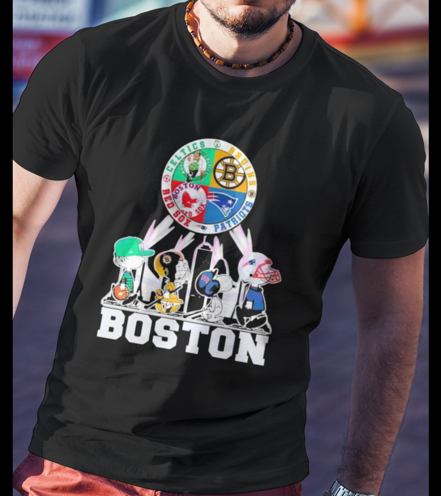 Boston Celtics Bruins Red Sox Patriots Peanuts Characters T-Shirt