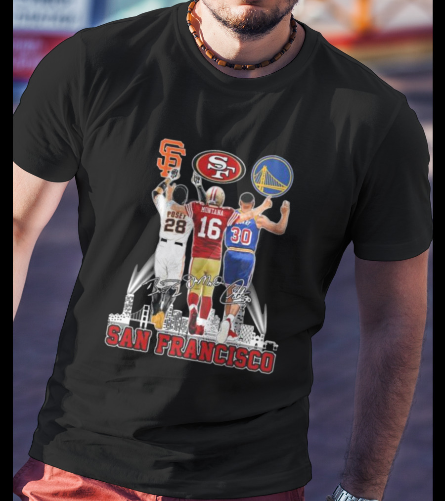 San Francisco Giants 49ers Warriors Buster Posey Joe Montana Stephen Curry Signatures T-Shirt