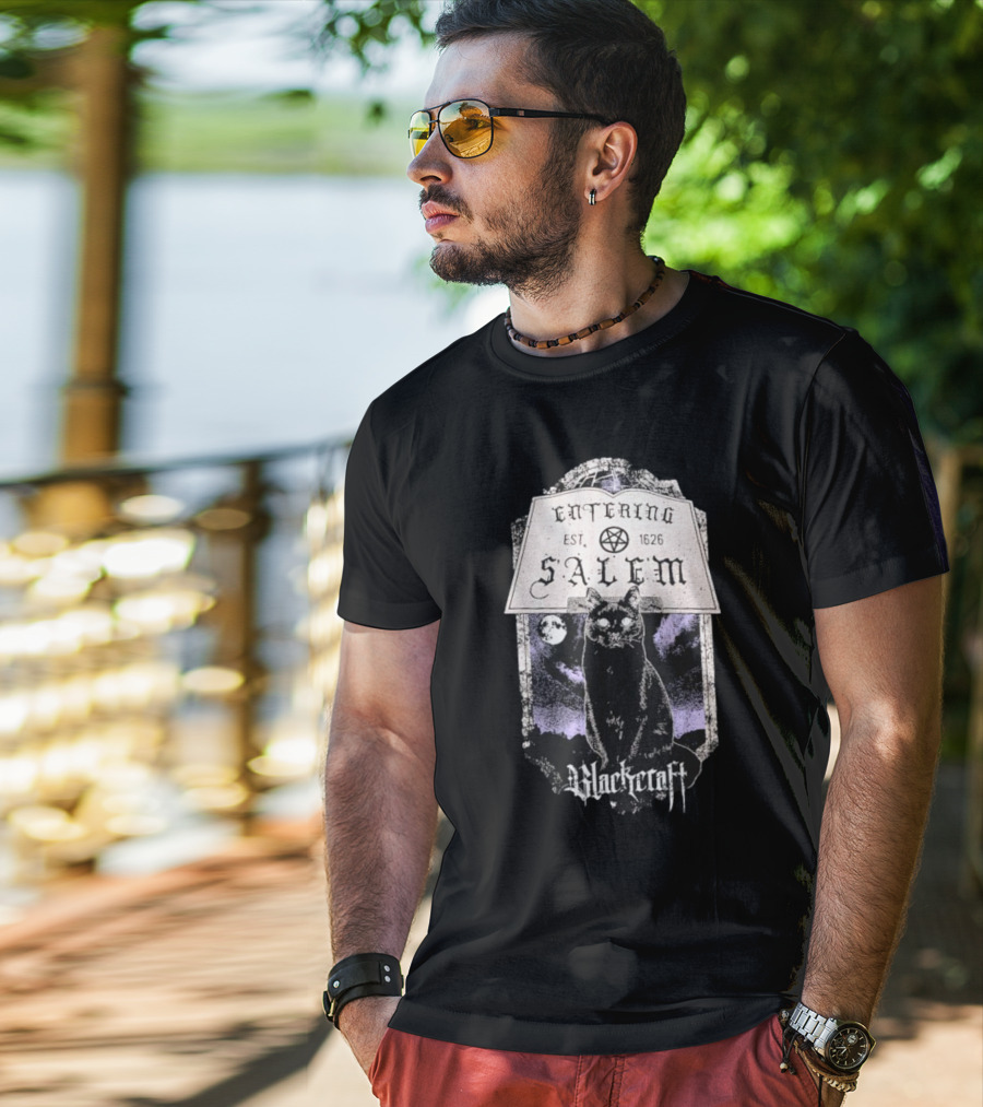 Blackcraft Cult Entering Salem Est. 1626 Black Cat And Crescent Moon Scene T-Shirt