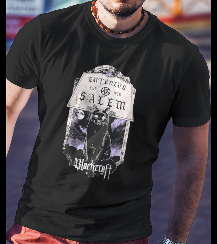 Blackcraft Cult Entering Salem Est. 1626 Black Cat And Crescent Moon Scene T-Shirt
