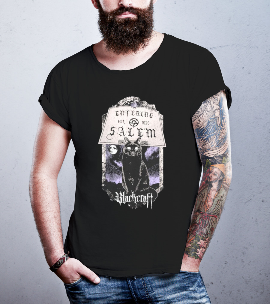 Blackcraft Cult Entering Salem Est. 1626 Black Cat And Crescent Moon Scene T-Shirt