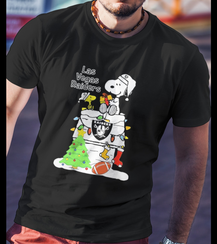Las Vegas Raiders NFL Christmas Snoopy And Woodstock With Tree And Football T-Shirt