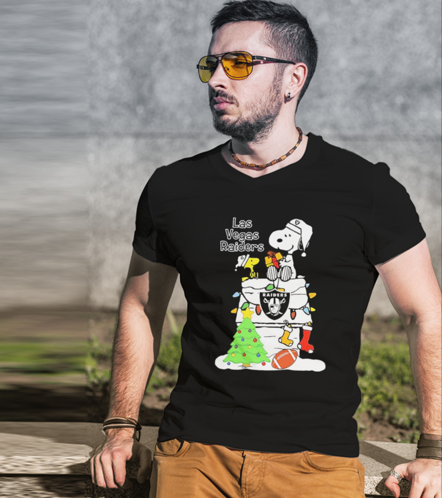 Las Vegas Raiders NFL Christmas Snoopy And Woodstock With Tree And Football T-Shirt
