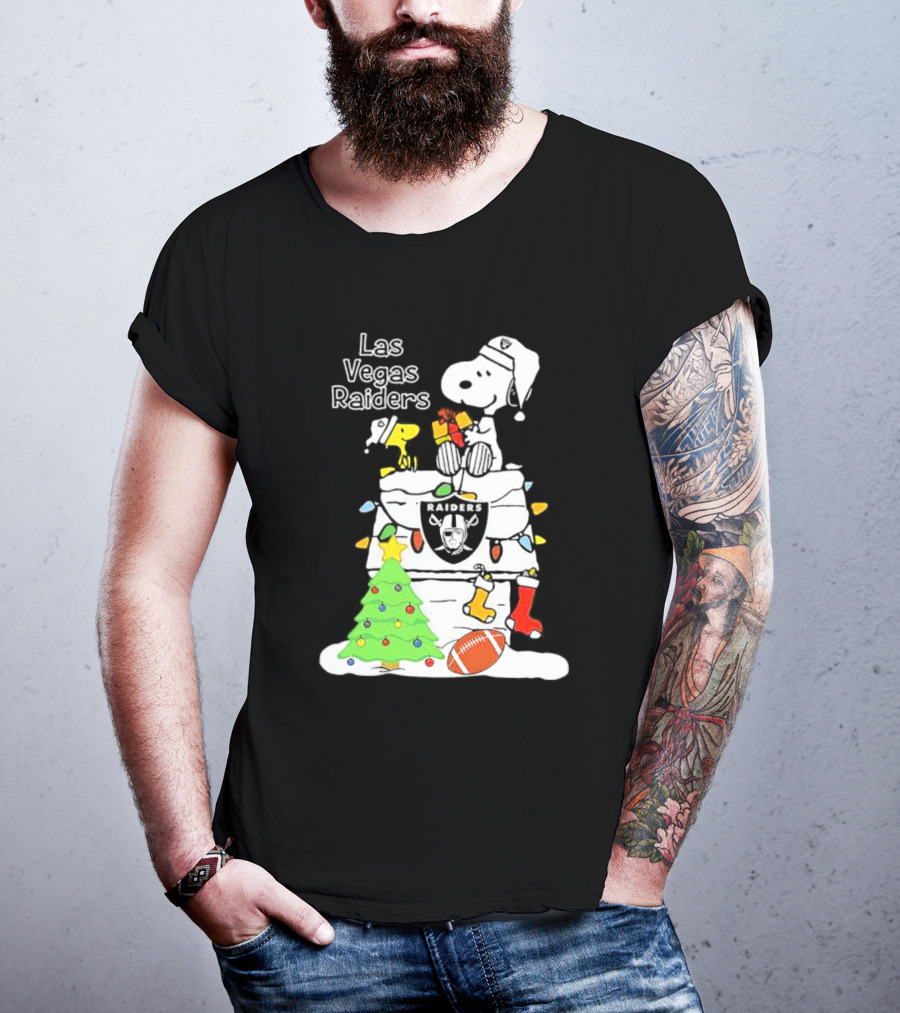 Las Vegas Raiders NFL Christmas Snoopy And Woodstock With Tree And Football T-Shirt