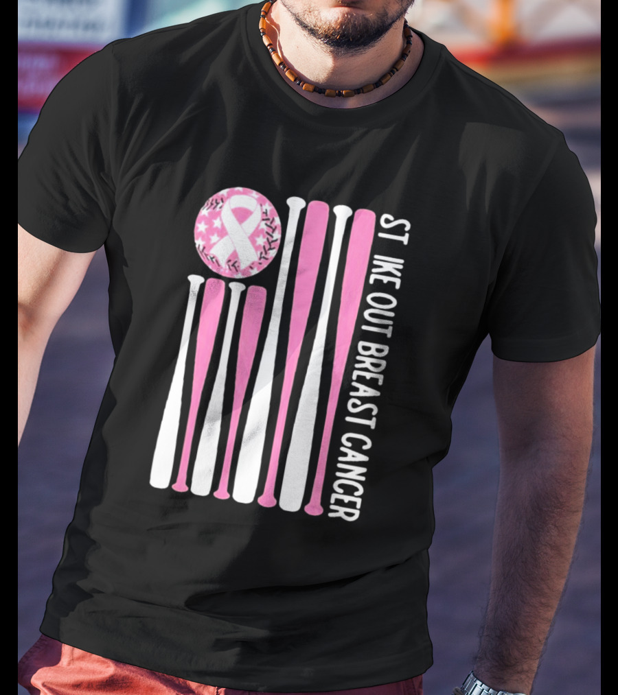 Strike Out Breast Cancer Baseball Pink Ribbon American Flag T-Shirt