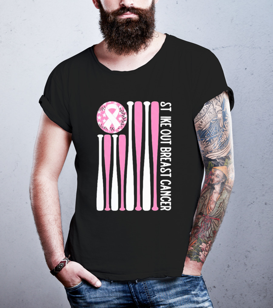 Strike Out Breast Cancer Baseball Pink Ribbon American Flag T-Shirt