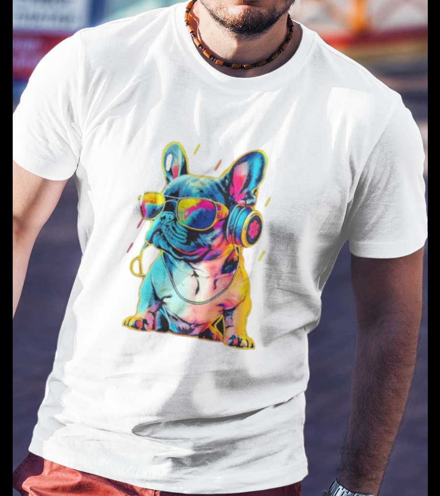 Bulldog Neon Headphones Vibrant Colors T-Shirt