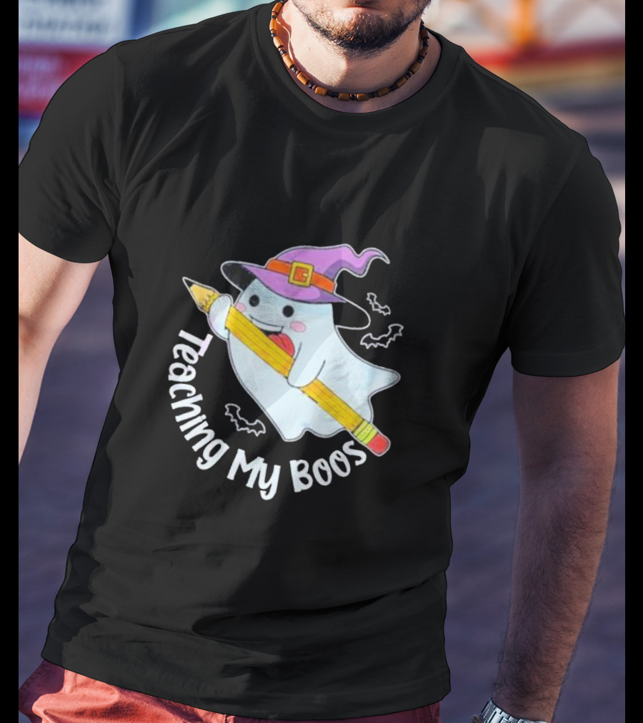 Teaching My Boos Halloween Ghost Funny Teacher Witch Hat Bat Pencil T-Shirt