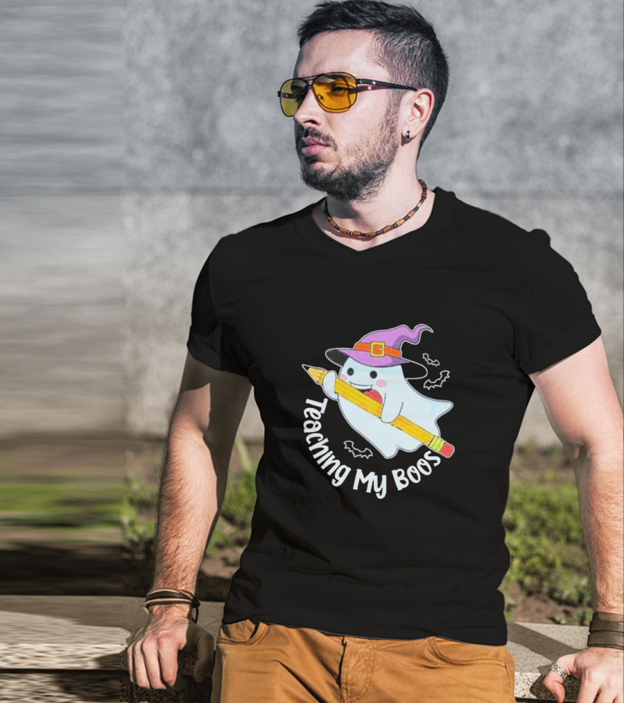 Teaching My Boos Halloween Ghost Funny Teacher Witch Hat Bat Pencil T-Shirt