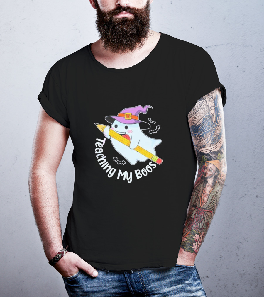 Teaching My Boos Halloween Ghost Funny Teacher Witch Hat Bat Pencil T-Shirt
