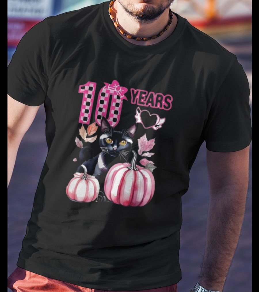 10 Years Black Cat Pink Pumpkin Birthday T-Shirt