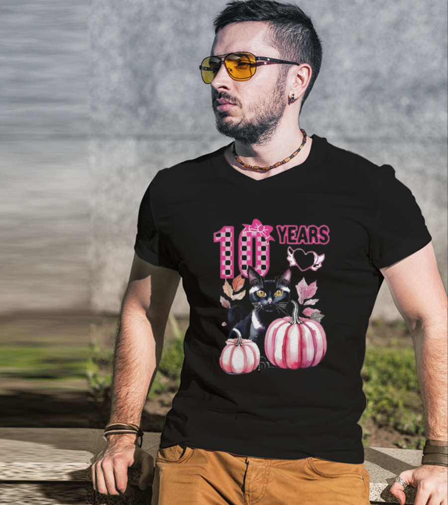 10 Years Black Cat Pink Pumpkin Birthday T-Shirt