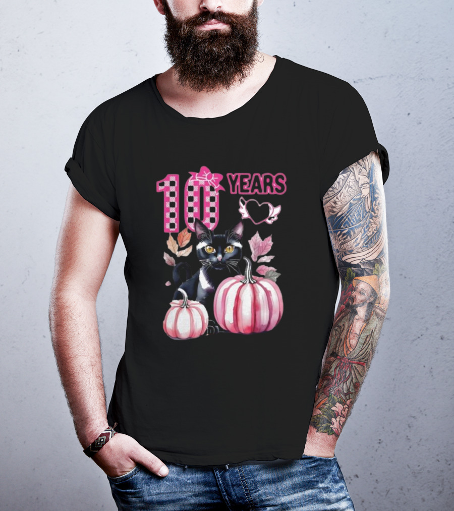 10 Years Black Cat Pink Pumpkin Birthday T-Shirt