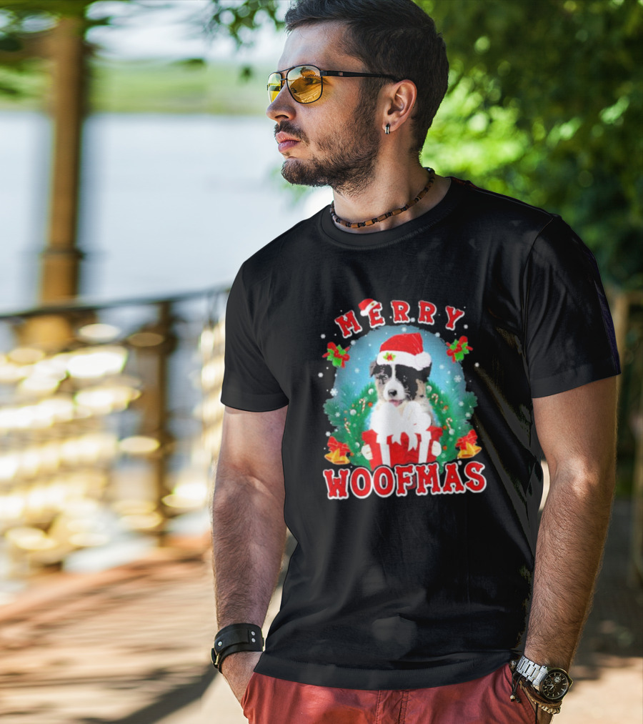 Merry Woofmas Australian Shepherd Dog In Santa Hat With Christmas Gift T-Shirt