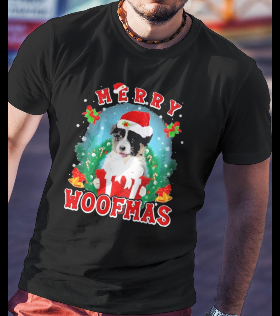 Merry Woofmas Australian Shepherd Dog In Santa Hat With Christmas Gift T-Shirt