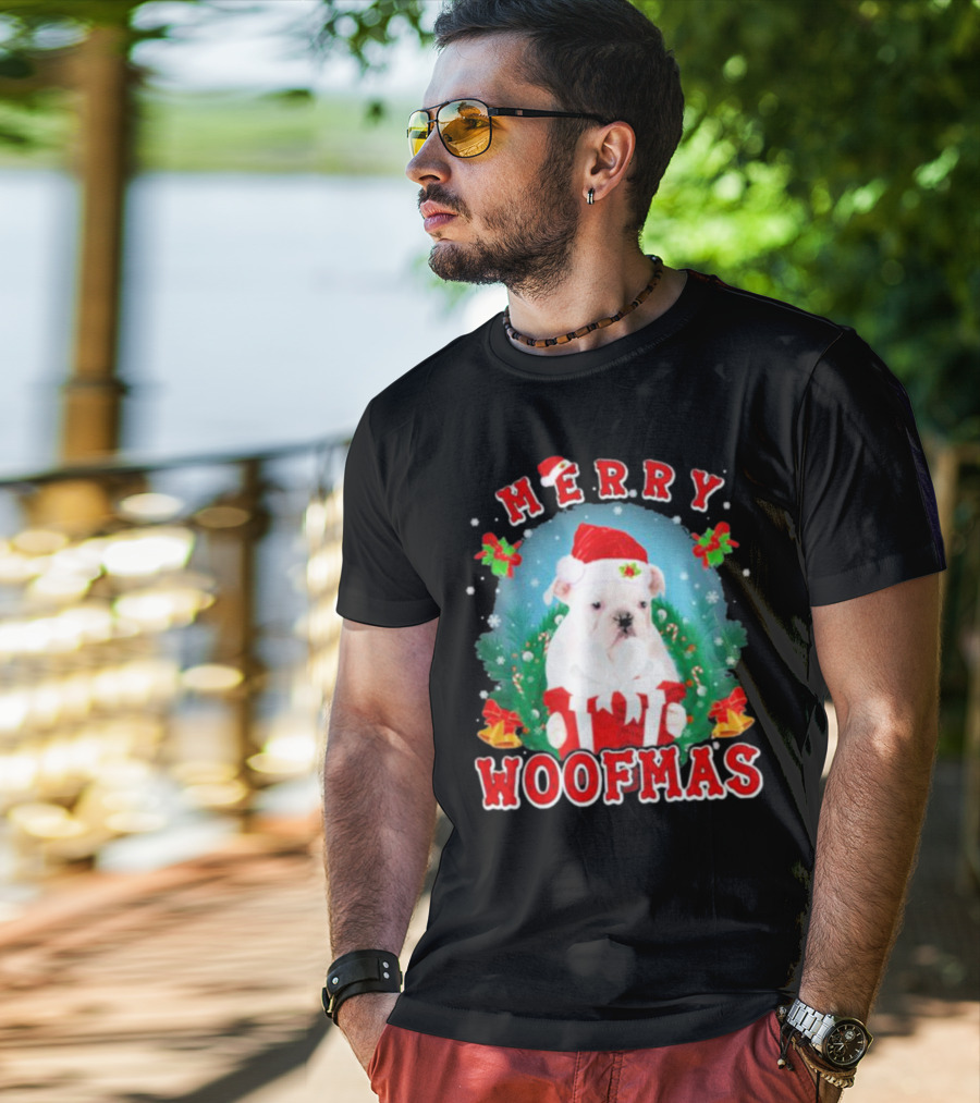 Bulldog In Santa Hat Merry Woofmas With Gifts And Bells T-Shirt