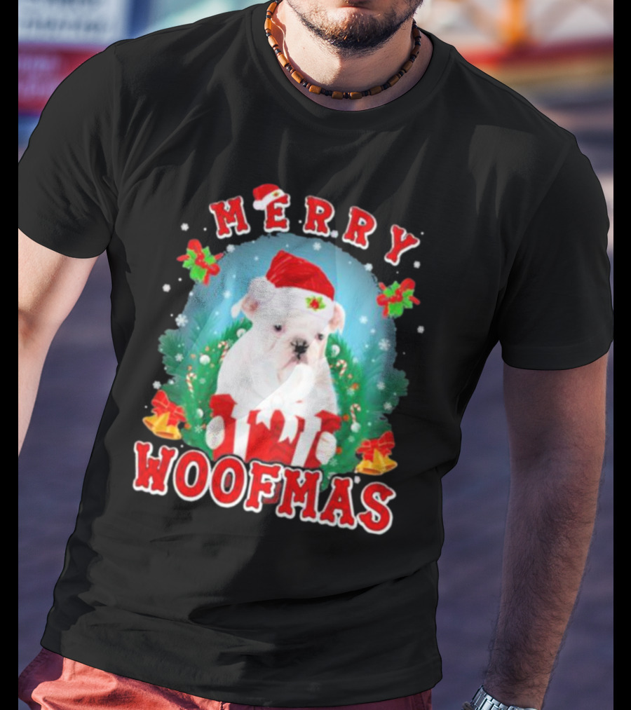 Bulldog In Santa Hat Merry Woofmas With Gifts And Bells T-Shirt
