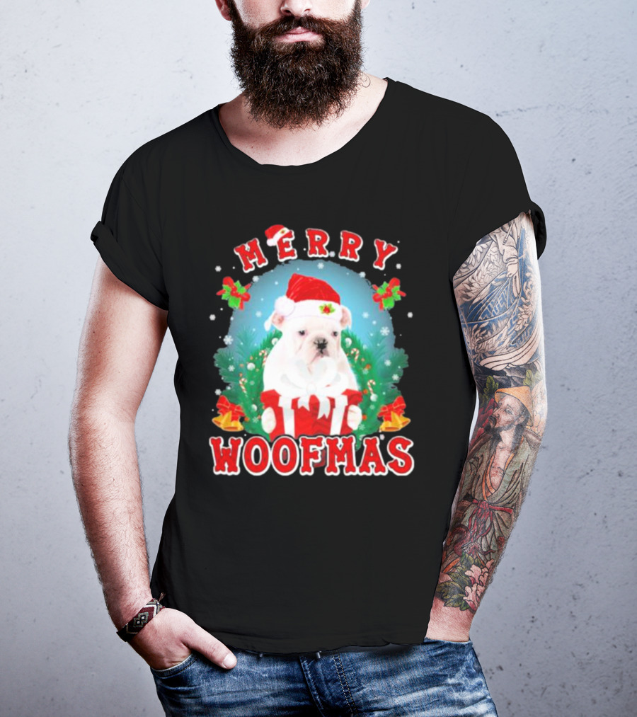 Bulldog In Santa Hat Merry Woofmas With Gifts And Bells T-Shirt
