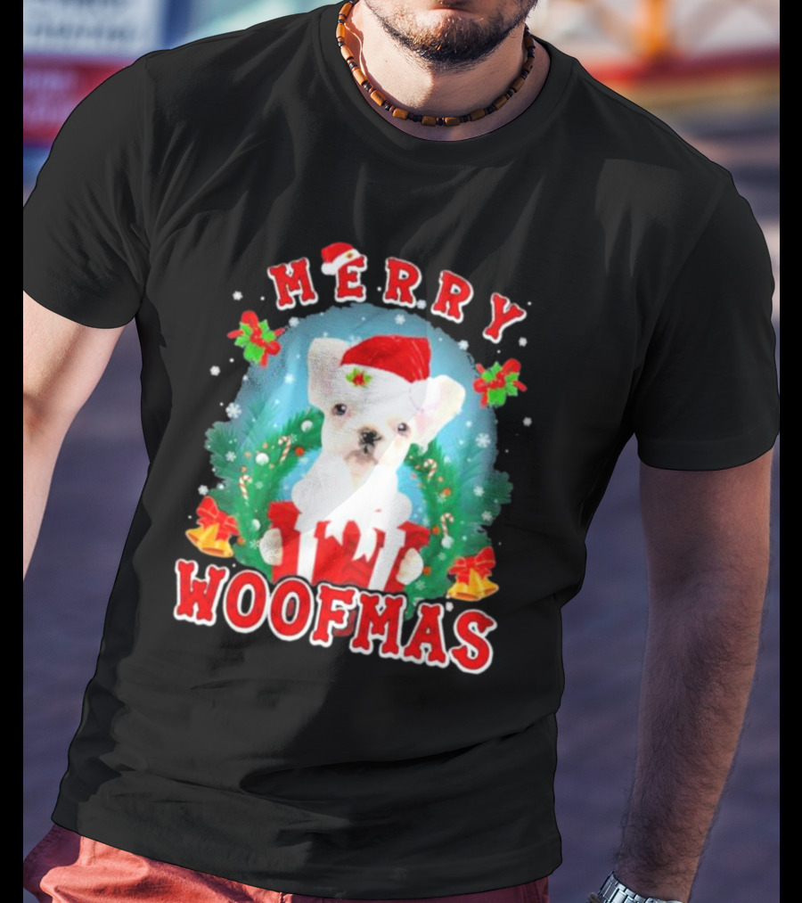 French Bulldog Merry Woofmas Holiday Joy Santa Hat Clematis Snow Christmas Wreath T-Shirt