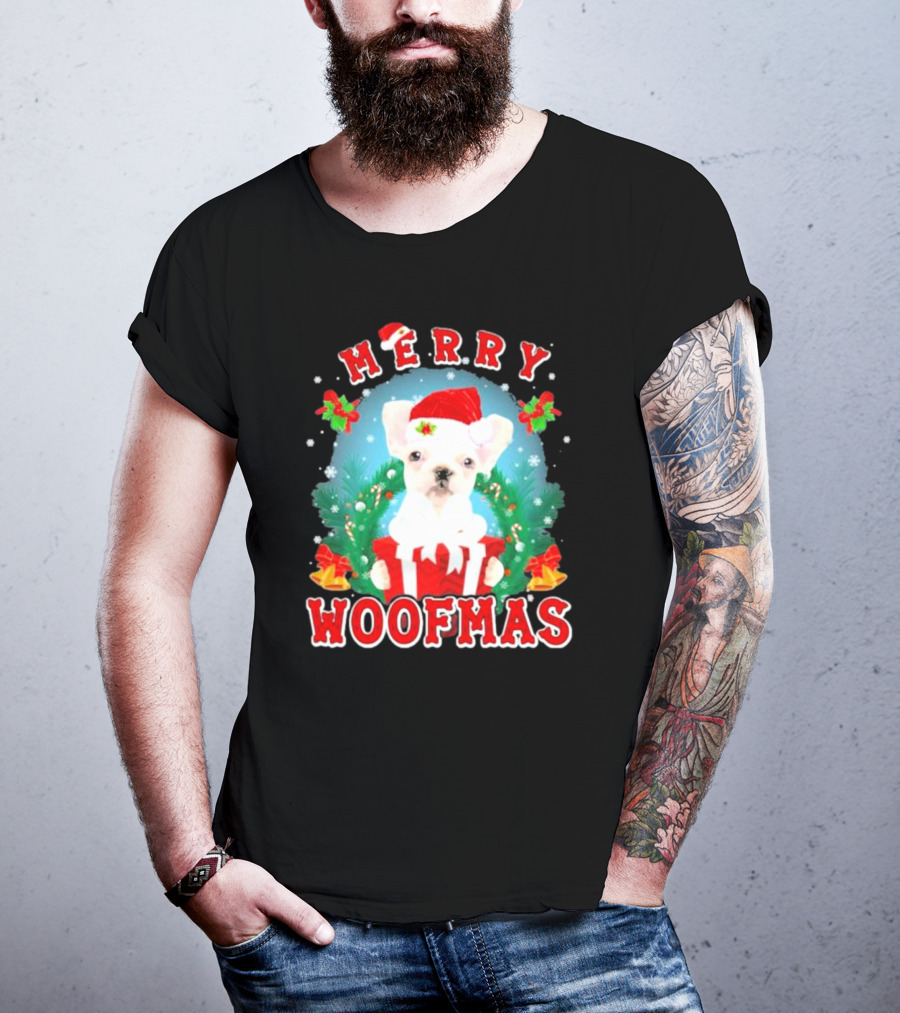 French Bulldog Merry Woofmas Holiday Joy Santa Hat Clematis Snow Christmas Wreath T-Shirt