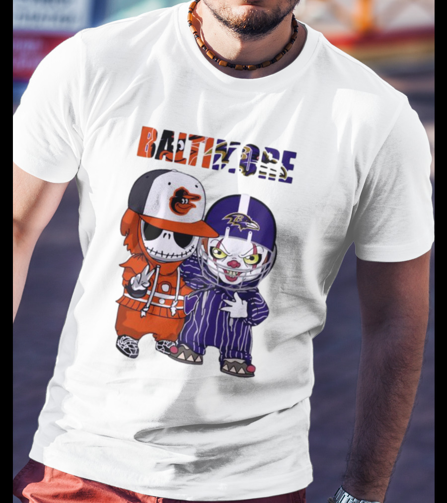 Baby Jack Skellington Pennywise Mashup Baltimore Orioles Ravens Halloween T-Shirt