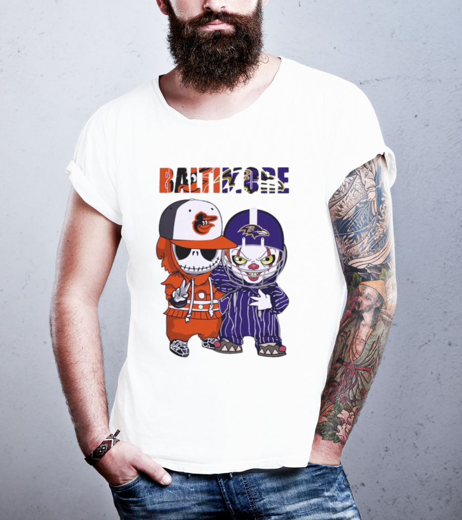 Baby Jack Skellington Pennywise Mashup Baltimore Orioles Ravens Halloween T-Shirt