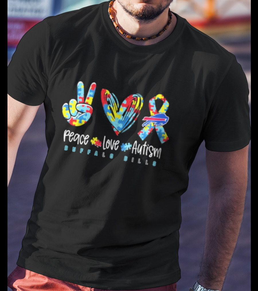 Peace Love Autism Buffalo Bills NFL Puzzle Ribbons T-Shirt