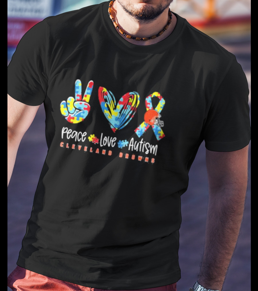 Peace Love Autism Cleveland Browns NFL Puzzle Ribbon Football T-Shirt