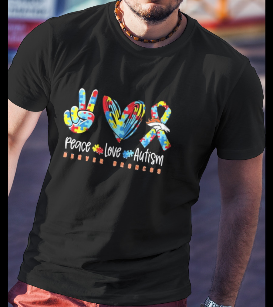 Peace Love Autism Denver Broncos NFL Logo Puzzle T-Shirt