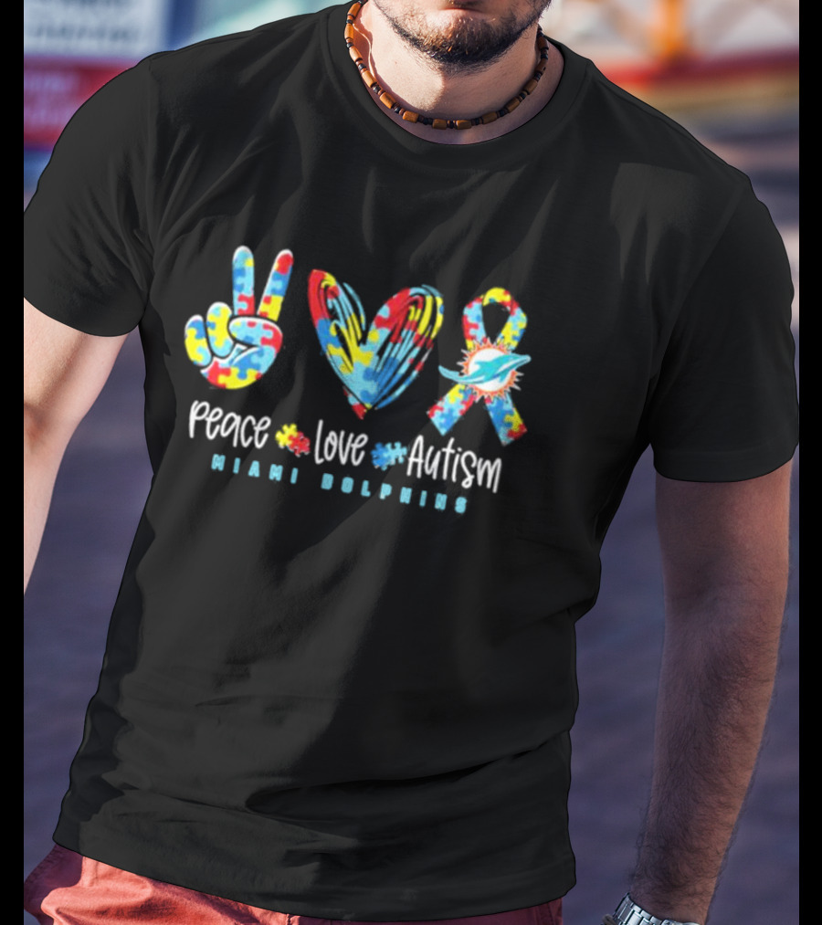 Peace Love Autism Miami Dolphins NFL Puzzle T-Shirt