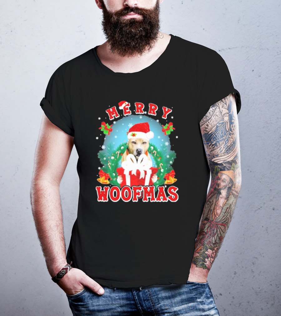 Pitbull Merry Woofmas Santa Hat And Holiday Gift Box T-Shirt