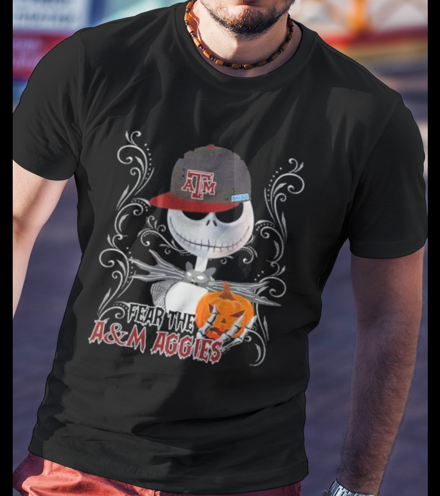 Jack Skellington Wearing Texas A&M Hat Holding Pumpkin With Fear The A&M Aggies Halloween T-Shirt