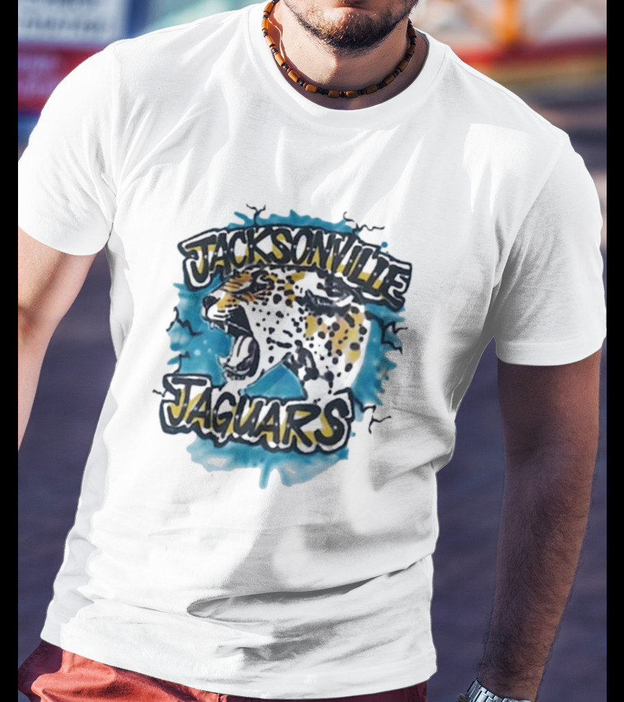 Jacksonville Jaguars Lafavre Airbrushed Roaring Jaguar With Blue Spray Background T-Shirt