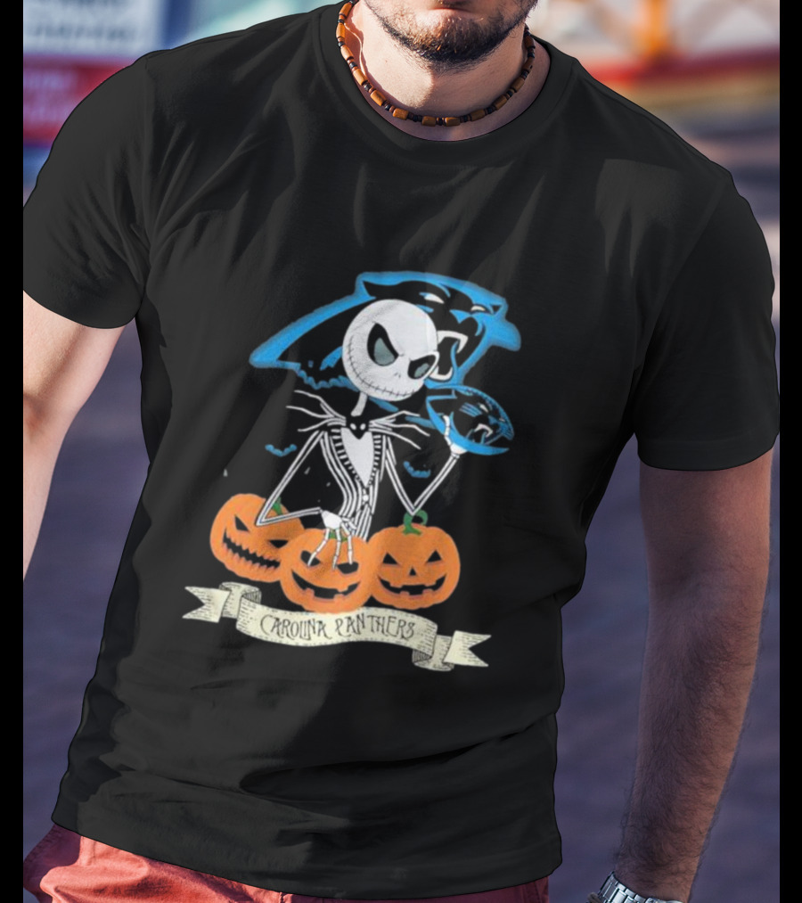 NFL Carolina Panthers Jack Skellington Halloween Football Pumpkins T-Shirt