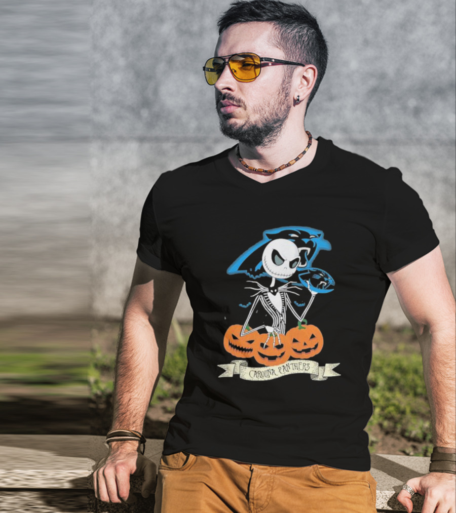 NFL Carolina Panthers Jack Skellington Halloween Football Pumpkins T-Shirt