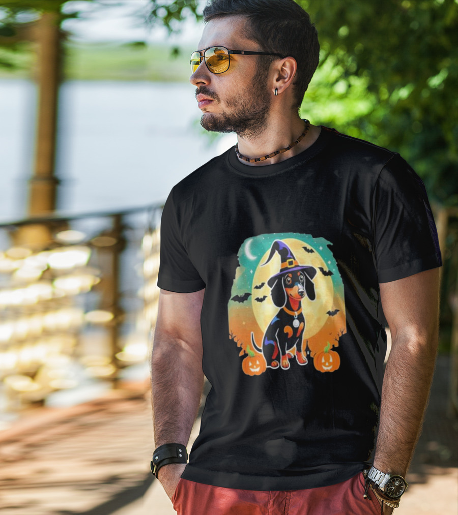 Dachshund Dog Witch Hat Moon Bats Pumpkins T-Shirt
