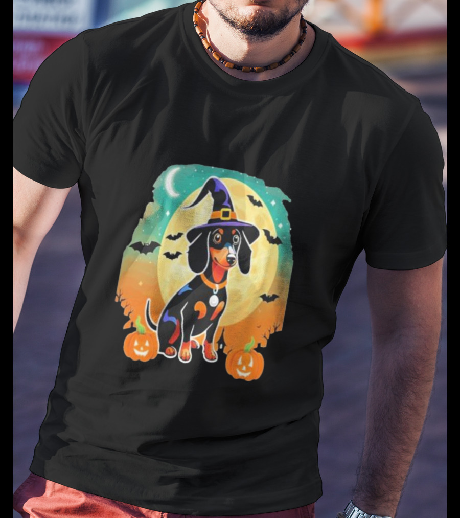 Dachshund Dog Witch Hat Moon Bats Pumpkins T-Shirt