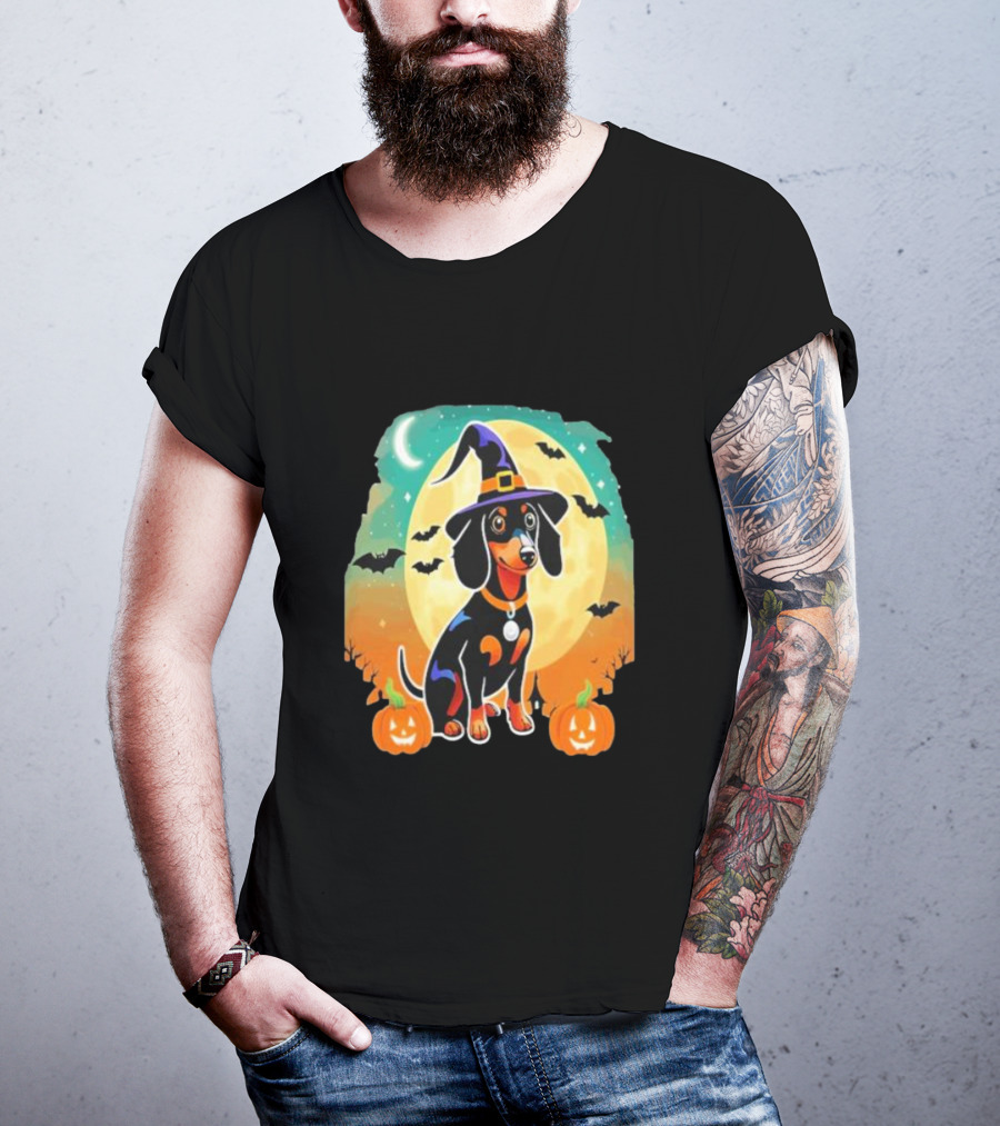 Dachshund Dog Witch Hat Moon Bats Pumpkins T-Shirt