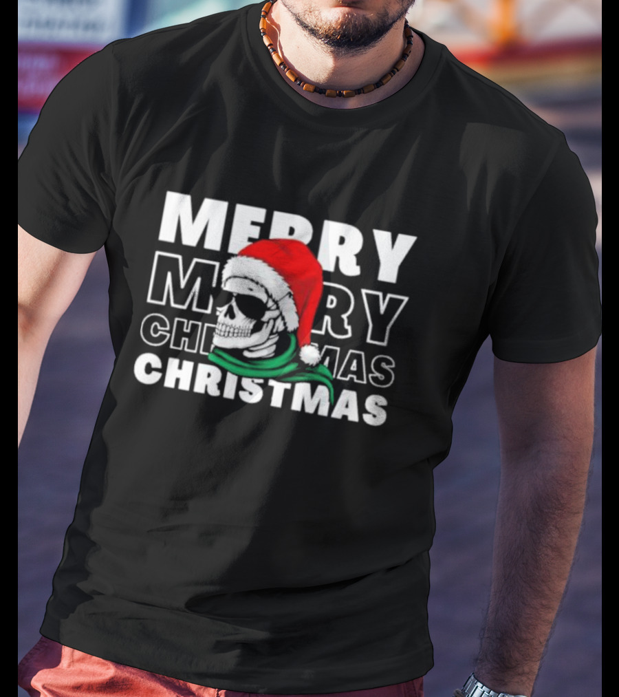 Merry Christmas Skull Santa Hat And Sunglasses T-Shirt